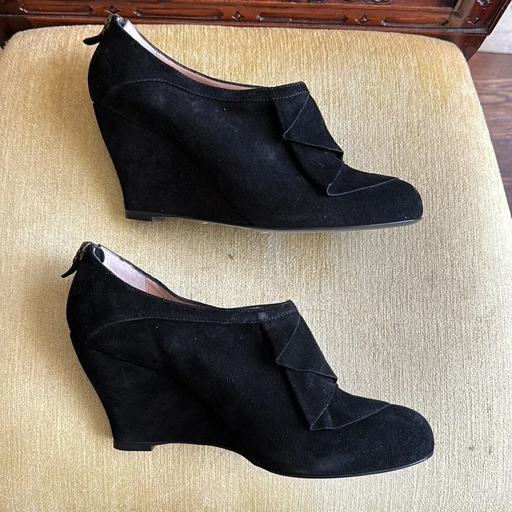 Emporio Armani Black Suede Wedge Booties with Ruffle and Back Zip EUR 40 US 9.5
